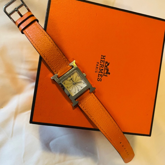 Hermes Heure H Orange Leather Watch With Box - Picture 5 of 7